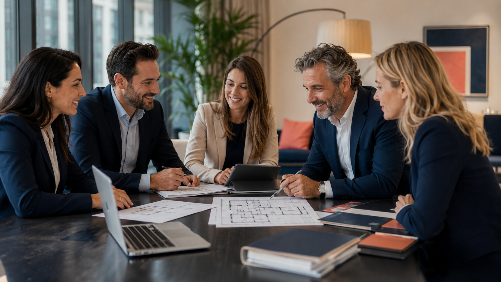 Équipe de conseillers immobiliers en réunion professionnelle