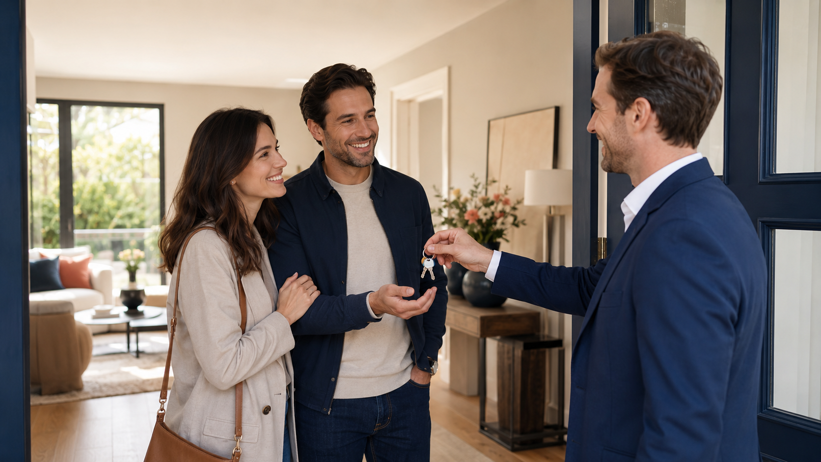 Agent immobilier remettant les clés à des clients