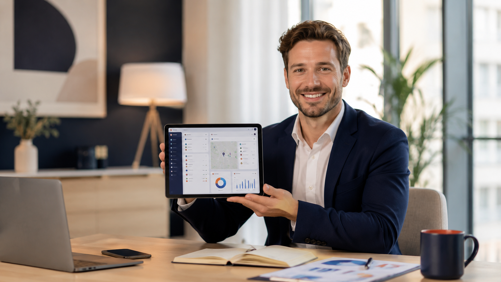 Conseiller immobilier utilisant une tablette CRM